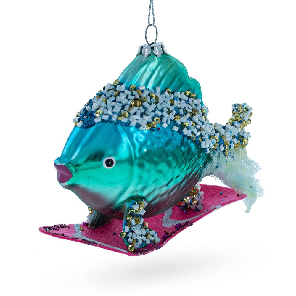 Cool Blue Fish Surfing Wave Blown Glass Christmas Ornament  |   Animals Animals Animals