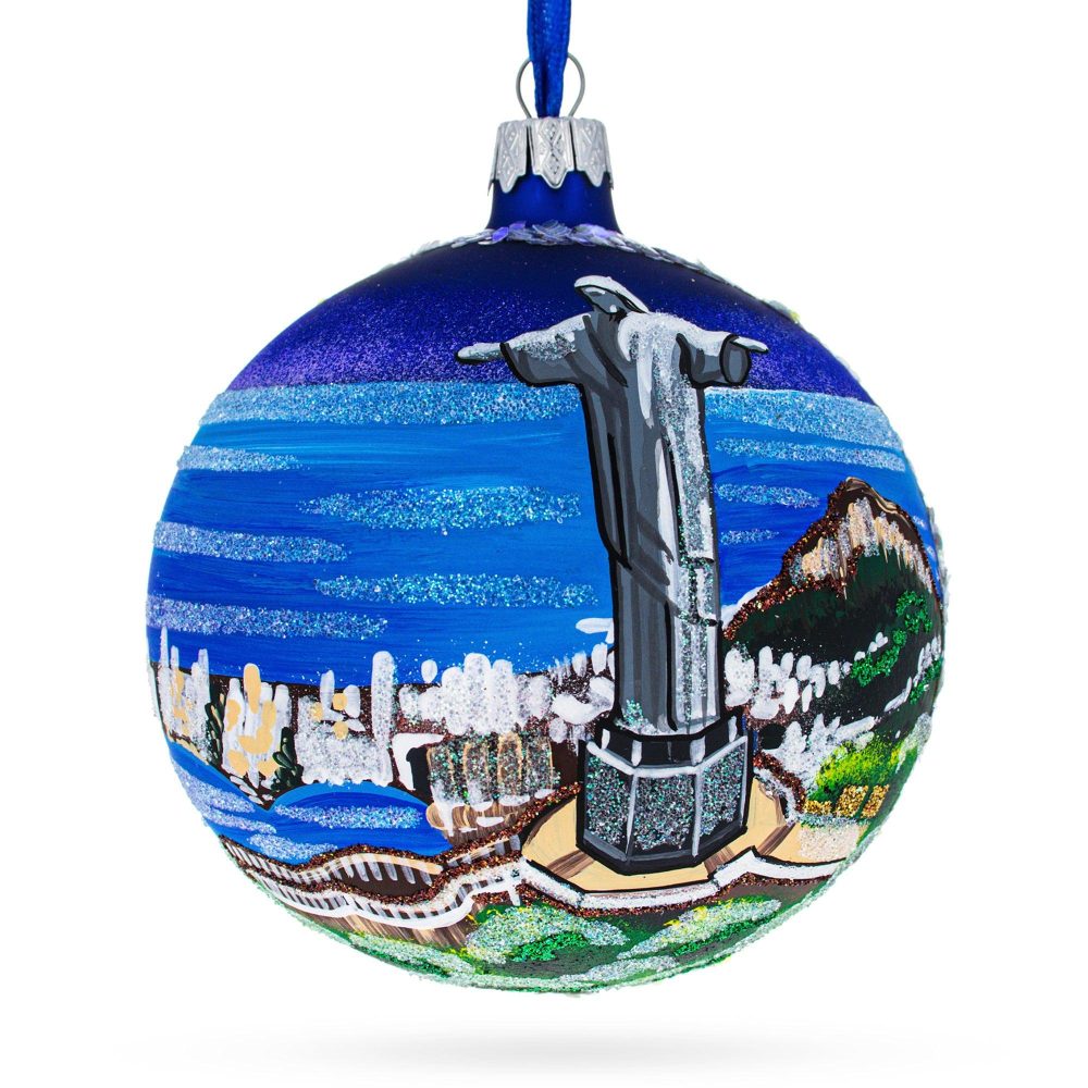 Corcovado Christ The Redeemer, Rio De Janeiro, Brazil Glass Christmas Ornament 4 Inches  |   Travel Ornaments Travel