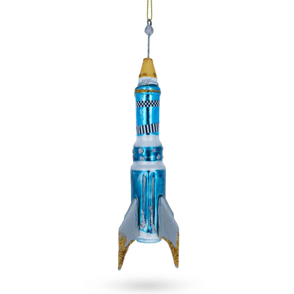 Cosmic Adventure: Blue Rocket Blown Glass Christmas Ornament  |   Cosmic Cosmic Cosmic