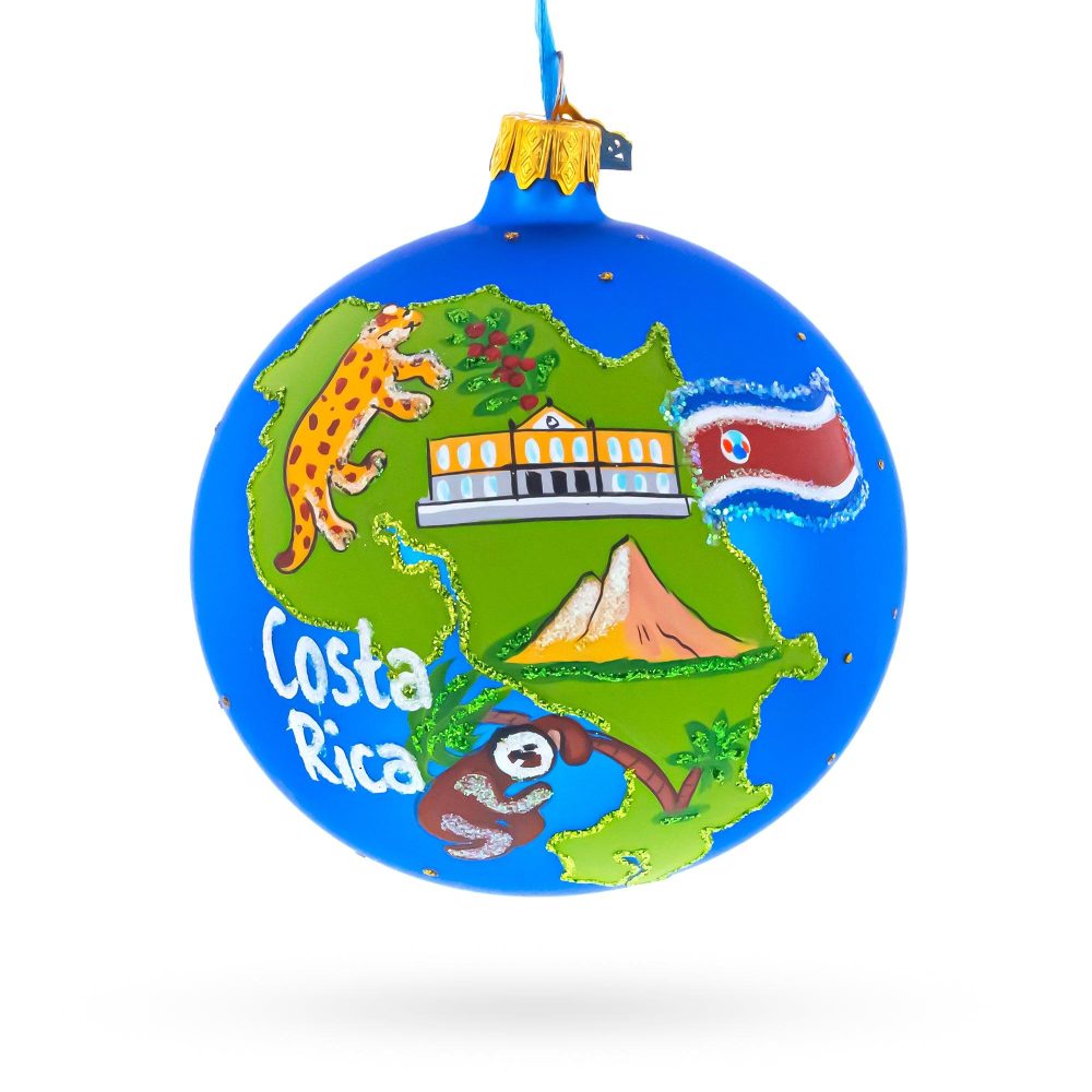 Costa Rica Map And Symbols Glass Ball Christmas Ornament 4 Inches  |   Travel Ornaments Travel