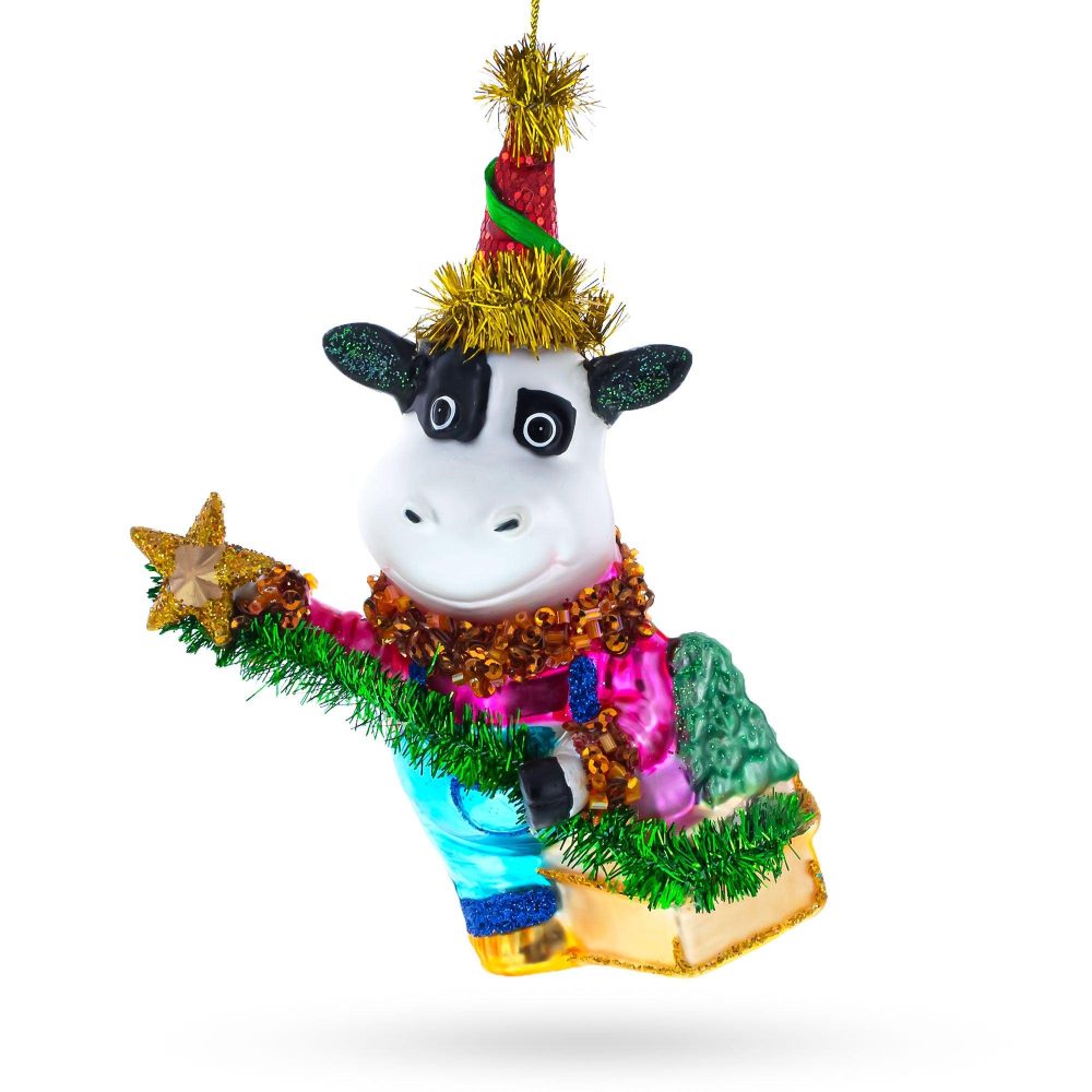 Cow Riding A Star Blown Glass Christmas Ornament  |   Animals Animals Animals