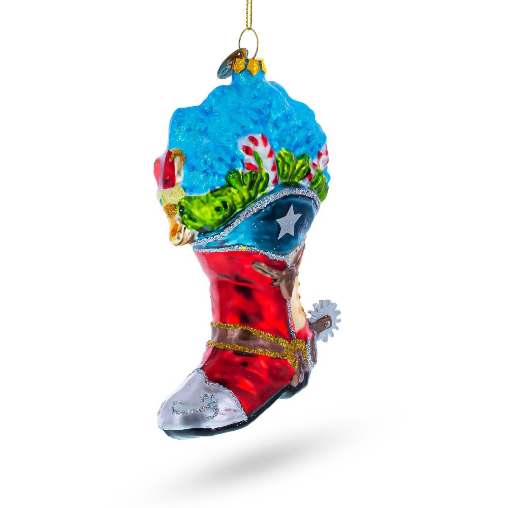 Cowboy Boot With Candy Canes Blown Glass Christmas Ornament  |   Fashion Fashion Fashion