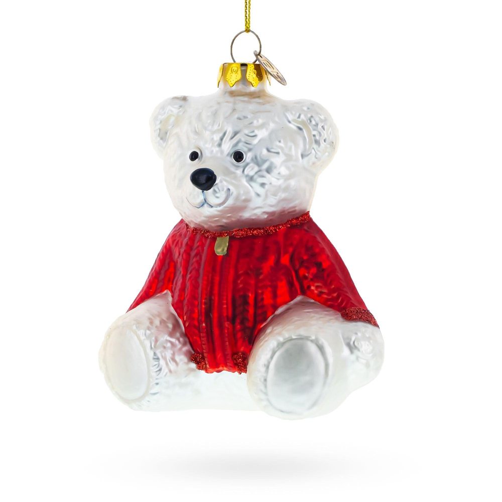 Cozy Sweater-Clad Teddy Bear Blown Glass Christmas Ornament  |   Baby Baby Baby