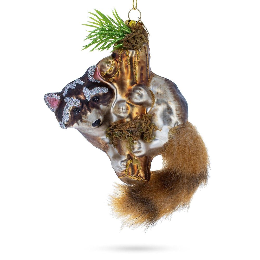 Curious Raccoon Climbing The Tree Glass Christmas Ornament  |   Animals Animals Animals