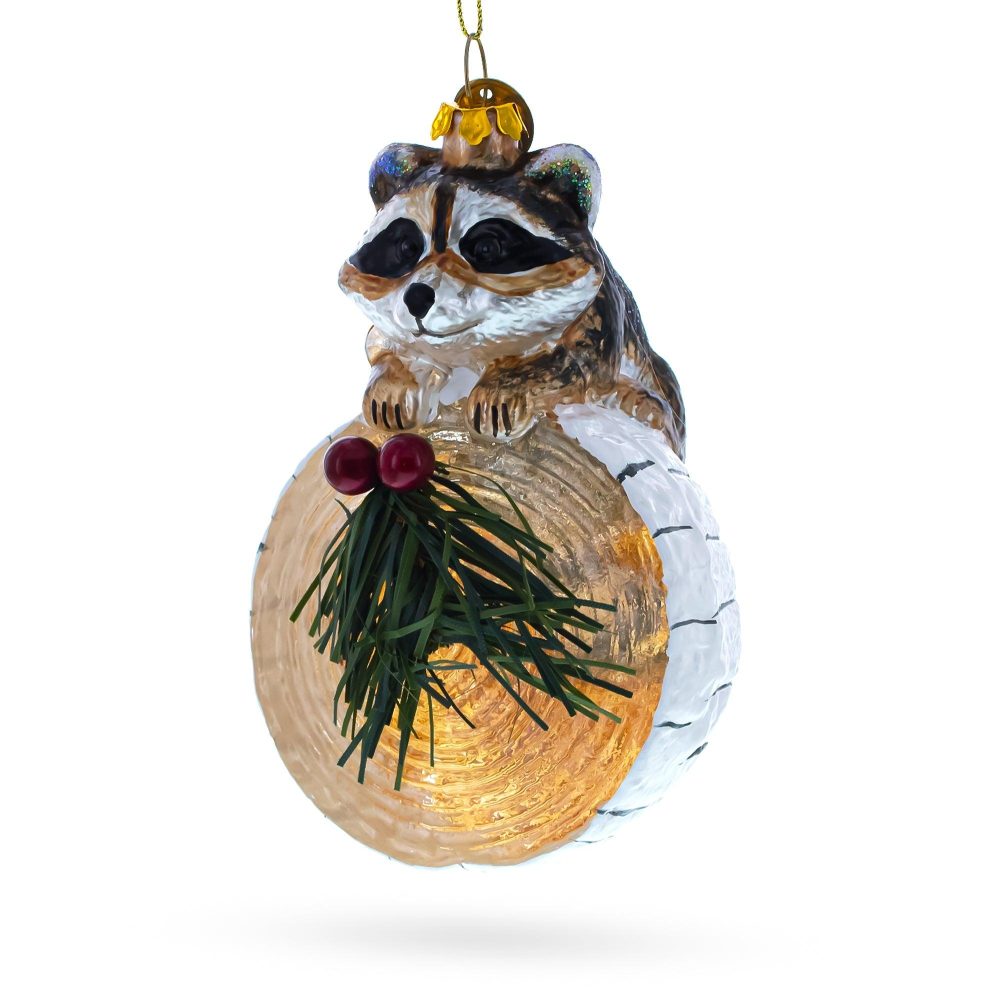 Curious Raccoon On The Log Blown Glass Christmas Ornament  |   Animals Animals Animals