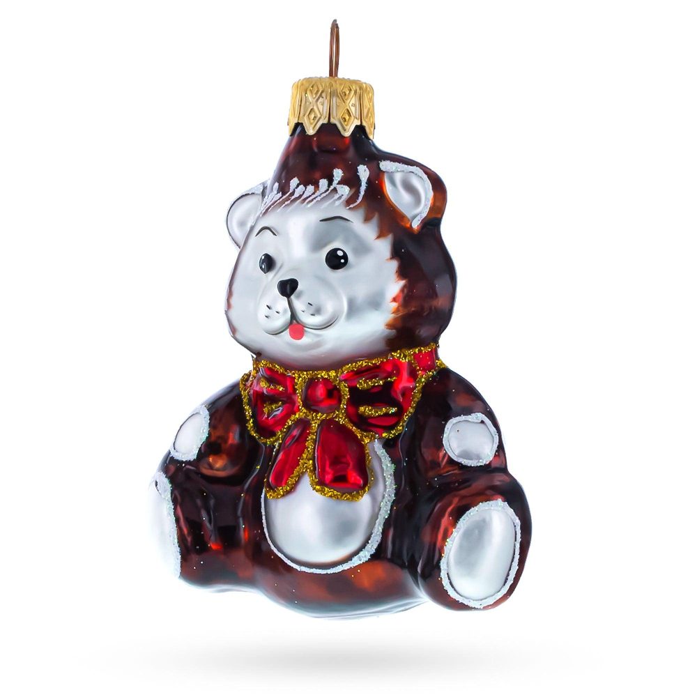 Cute Baby Bear With Red Bow Mini Glass Christmas Ornament  |   Animals Animals Animals