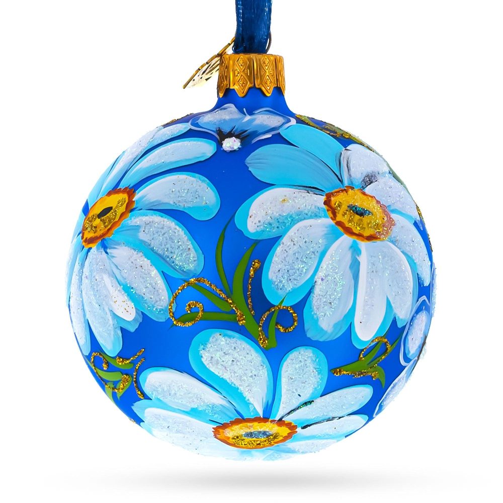 Daisy Flowers On Blue Blown Glass Ball Christmas Ornament 3.25 Inches  |   Flowers Flowers Flowers