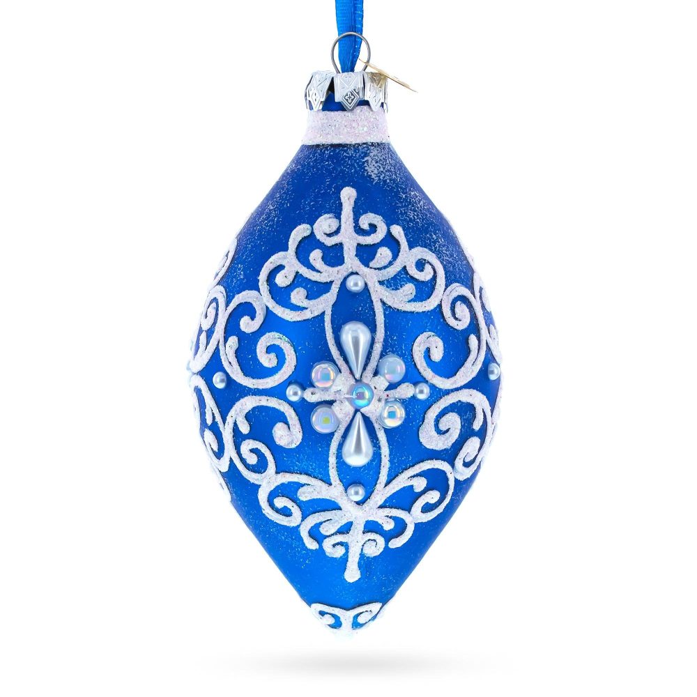 Damask On Blue Glass Rhombus Christmas Ornament  |   Finials Finials Finials