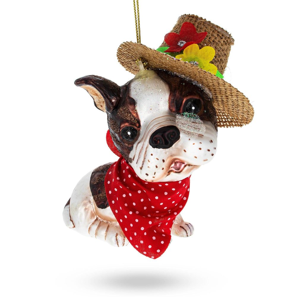 Dapper Boston Terrier In Hat Blown Glass Christmas Ornament  |   Animals Animals Animals