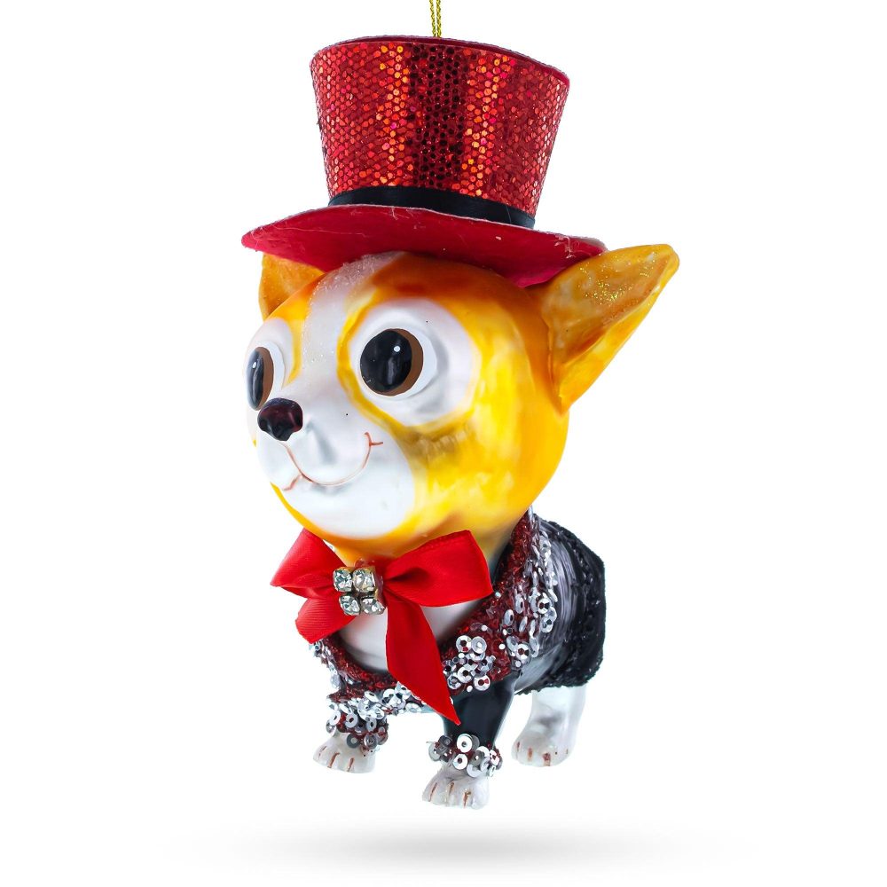 Dapper Corgi In Top Hat Blown Glass Christmas Ornament  |   Animals Animals Animals