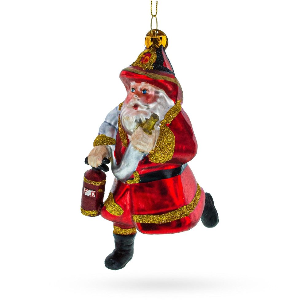 Dapper Fireman Santa With Extinguisher Blown Glass Christmas Ornament  |   Personalized Ornaments Personalized