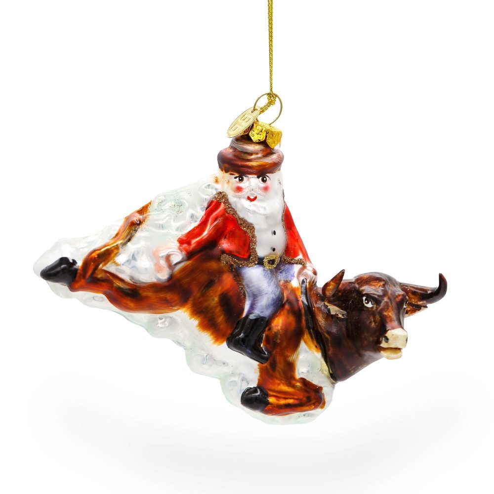 Daring Santa Riding A Bull On The Rodeo Blown Glass Christmas Ornament  |   Personalized Ornaments Personalized