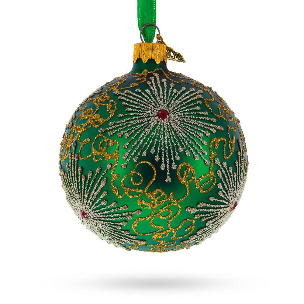 Dazzling Jeweled Snowflakes On Green Blown Glass Ball Christmas Ornament 3.25 Inches  |   Geometrical Geometrical Geometrical