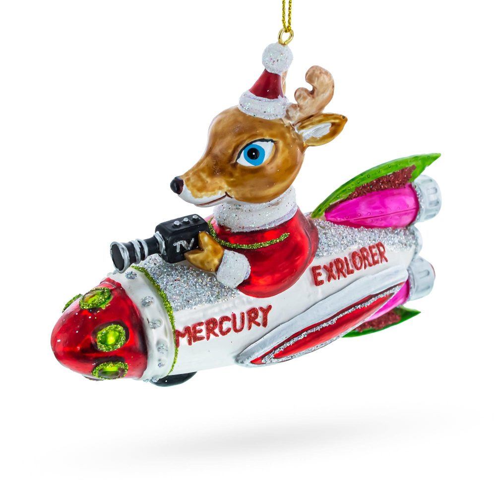 Deer Cameraman Aboard Space Rocket Glass Christmas Ornament  |   Cosmic Cosmic Cosmic