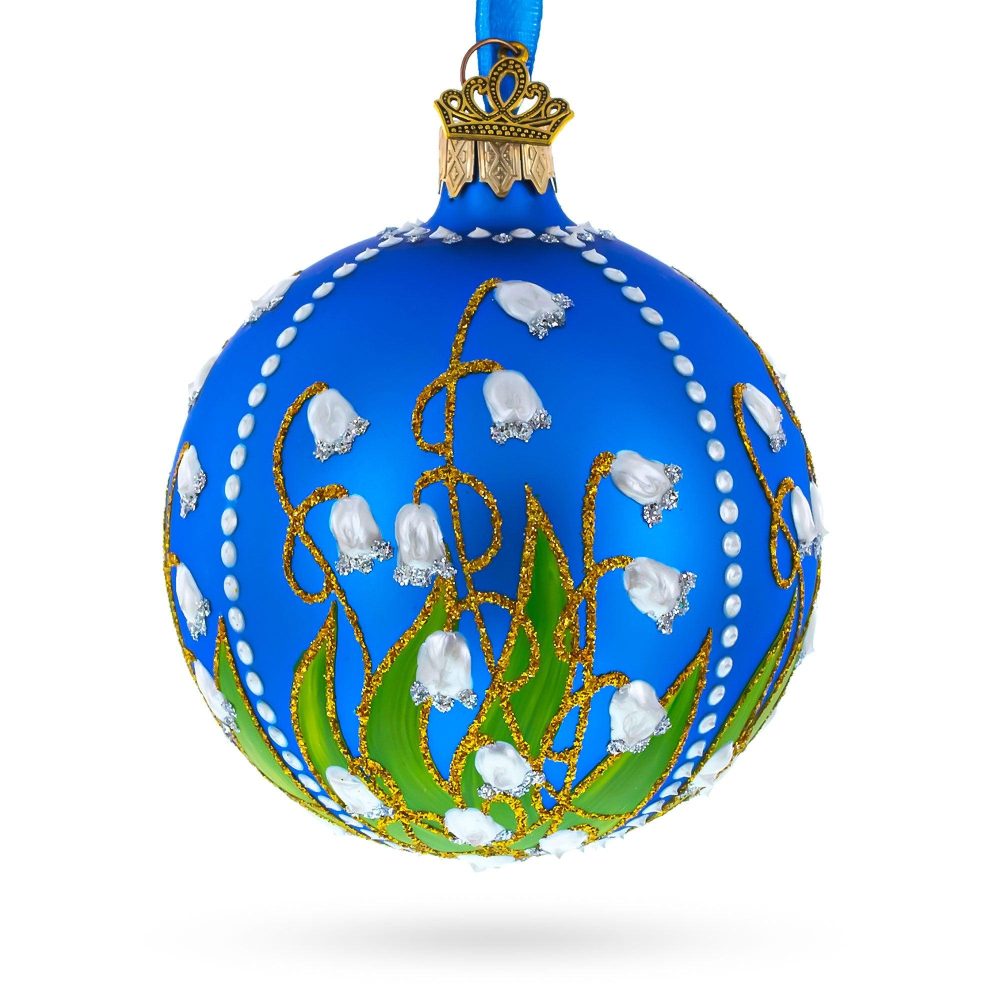 Delicate Lilies Of The Valley On Blue Blown Glass Ball Christmas Ornament 3.25 Inches  |   Royal Collection Ornaments Royal Collection