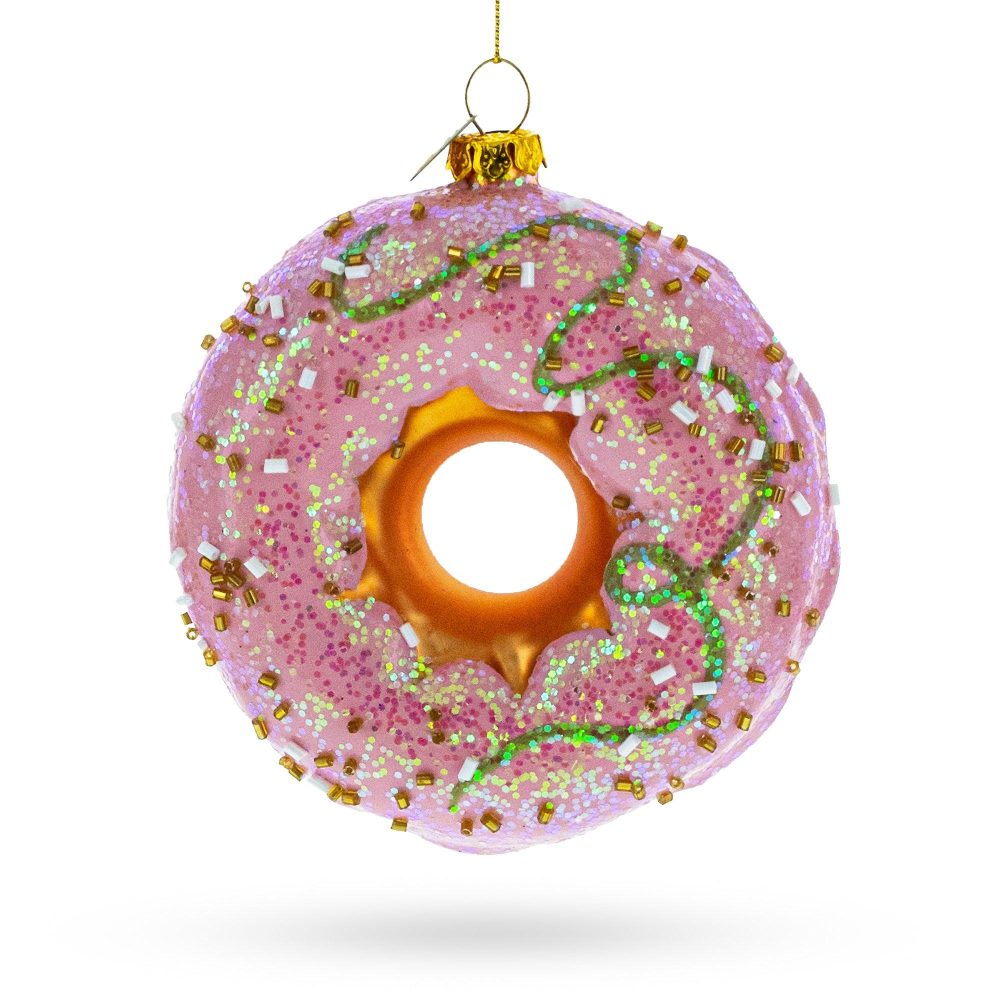 Delicious Pink Glazed Donut Blown Glass Christmas Ornament  |   Food Food Food