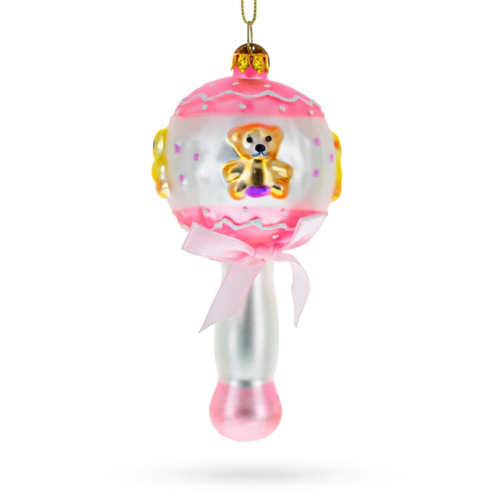 Delightful Baby Pink Rattle Blown Glass Christmas Ornament  |   Baby Baby Baby