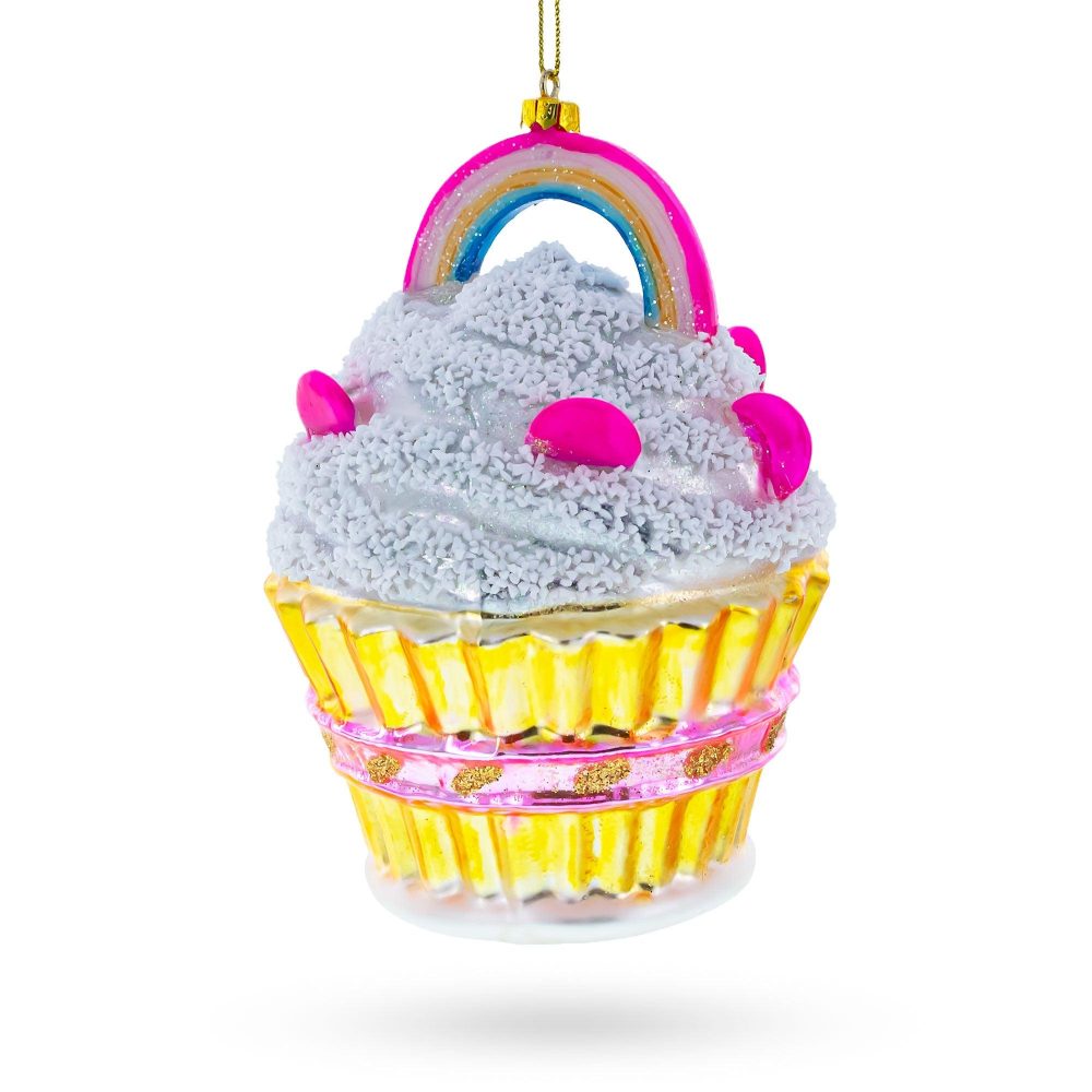 Delightful Sprinkled Cupcake With Rainbow Blown Glass Christmas Ornament  |   Food Food Food