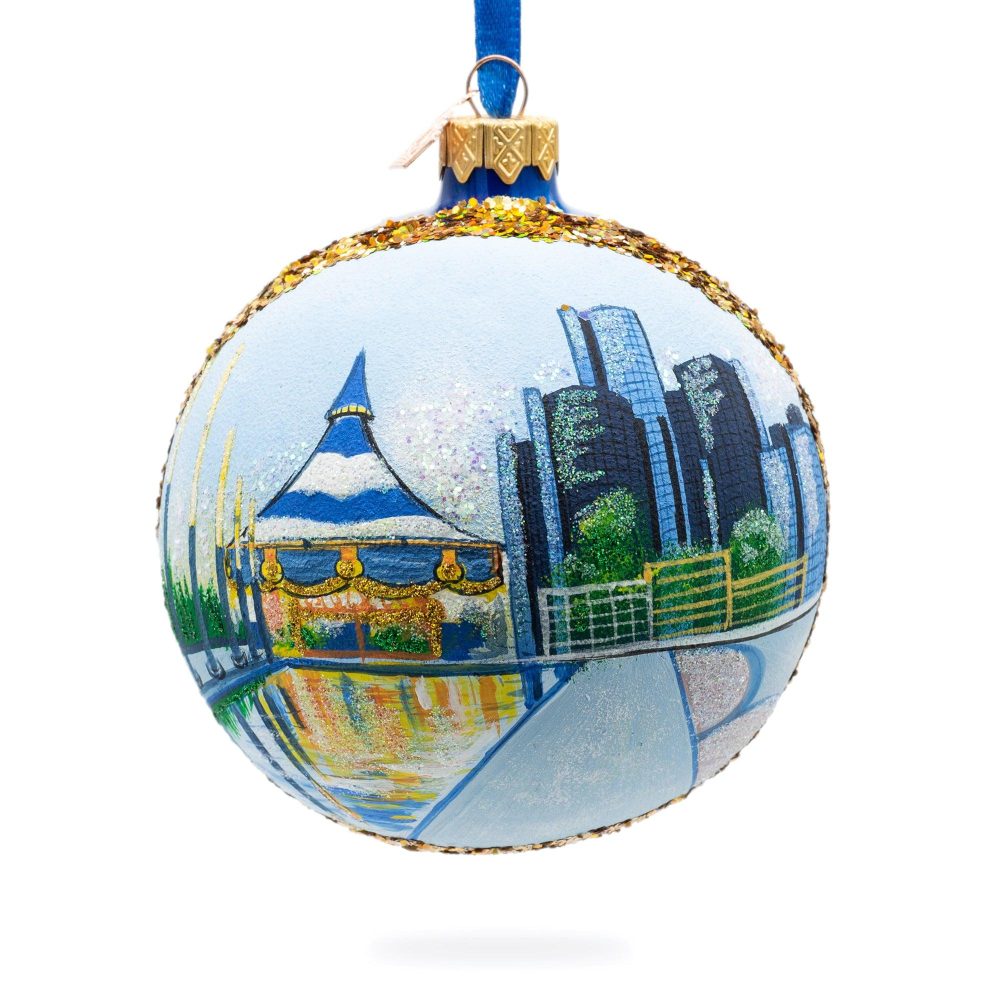 Detroit Riverfront, Detroit, Michigan, Usa Glass Ball Christmas Ornament 4 Inches  |   Travel Ornaments Travel