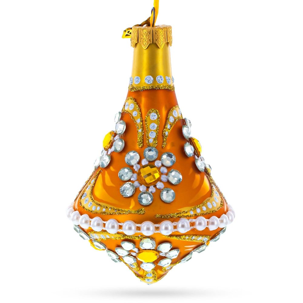 Diamond Jewels On Striped Gold Glass Bell Finial Christmas Ornament  |   Couturier Couturier Couturier