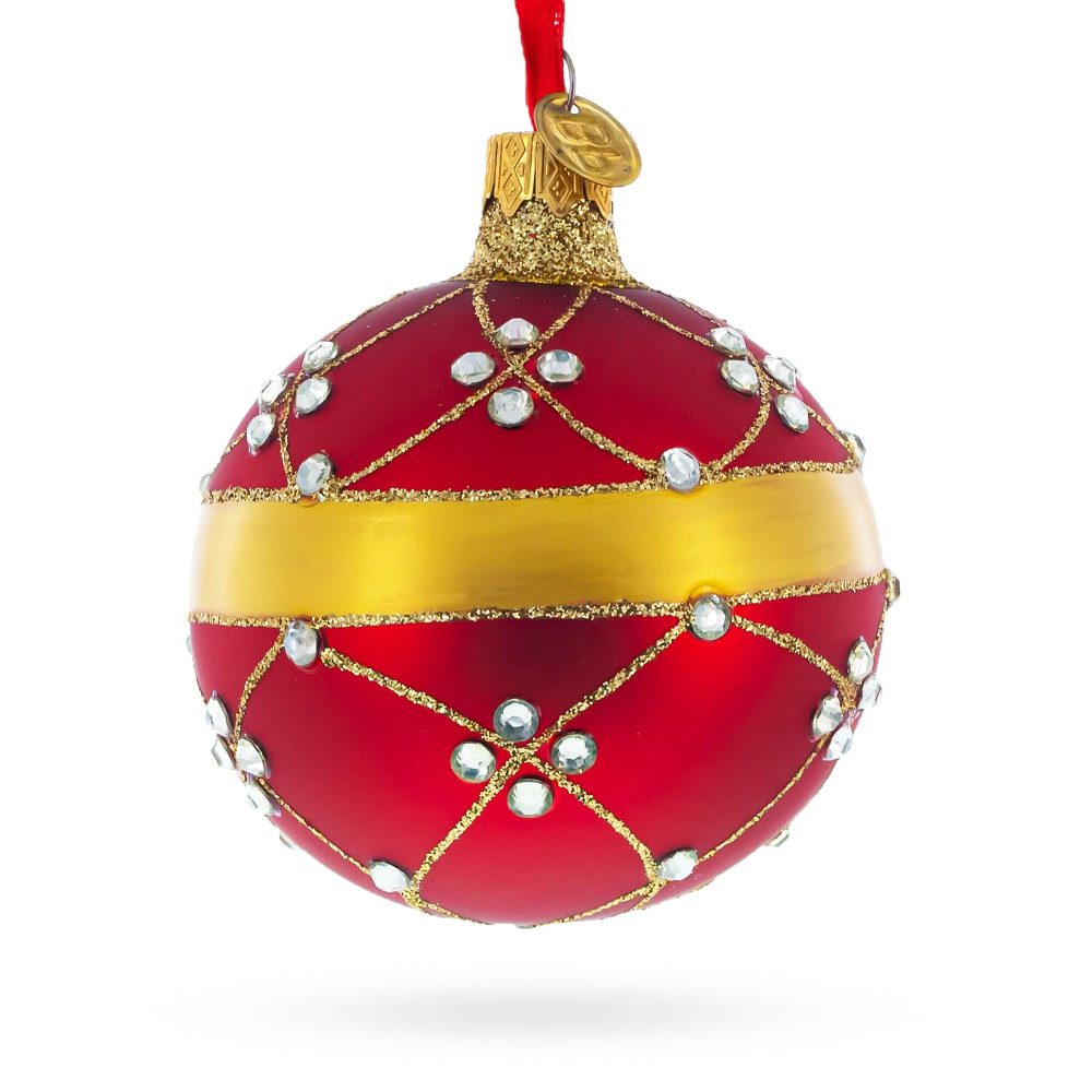 Diamond Trellis Pattern On Rich Ruby Red Hand-Painted Blown Glass Ball Christmas Ornament 3.25 Inches  |   Geometrical Geometrical Geometrical