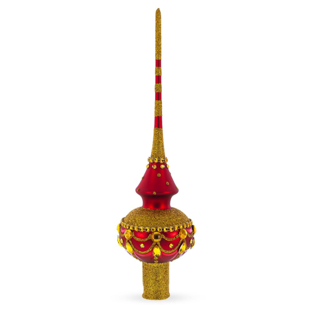 Dimensional Golden Jewels On Red Mouth Blown Glass Christmas Tree Topper 11 Inches  |   Tree Toppers Ornaments Tree Toppers