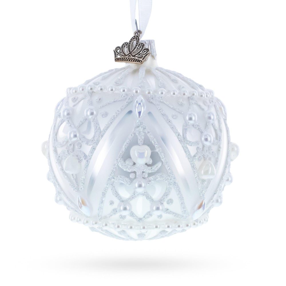 Dimensional Pearl Drops On White Ball Glass Christmas Ornament 3.25 Inches  |   Couturier Couturier Couturier