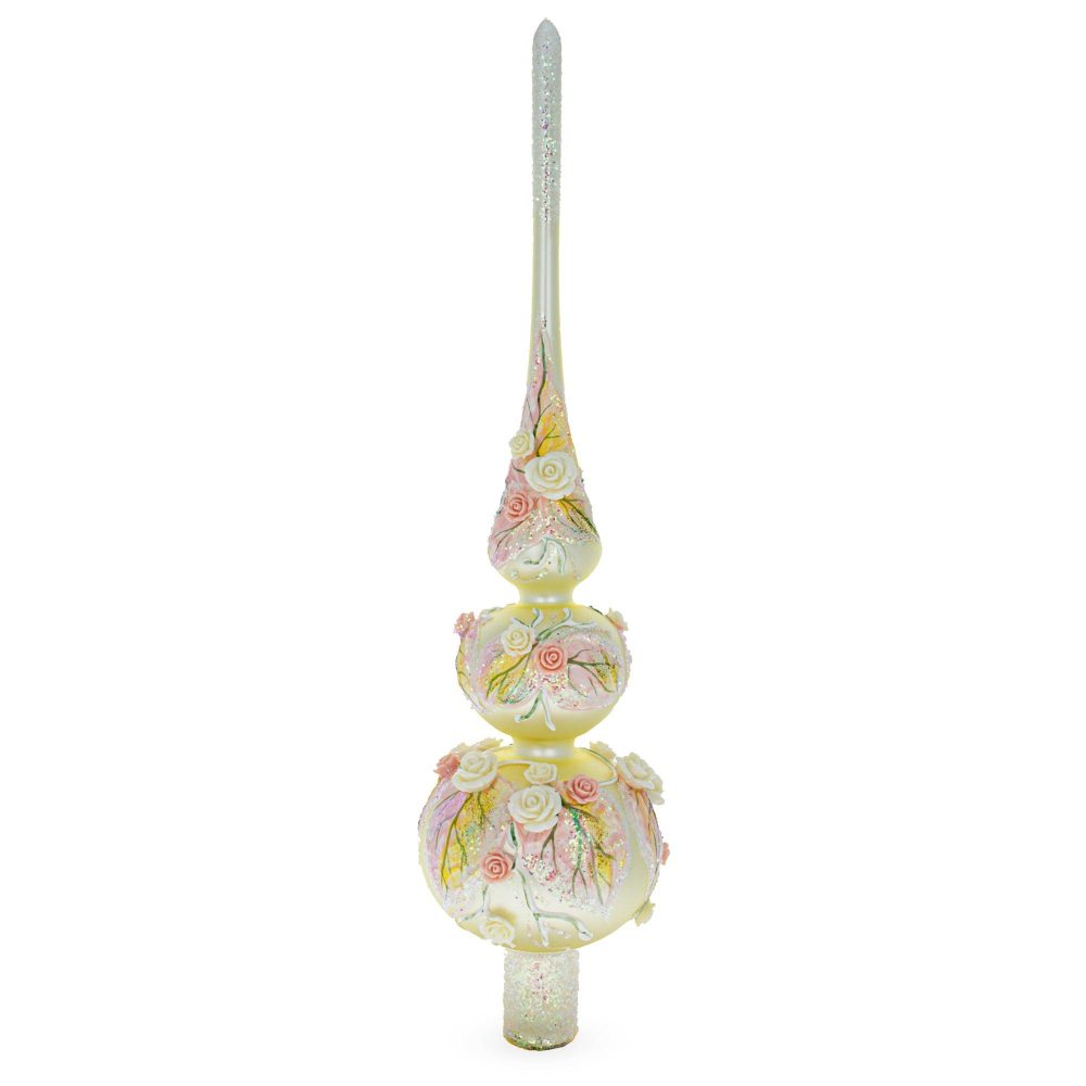 Dimensional Pink And White Roses Bouquet On Double Ball Blown Glass Christmas Tree Topper 12.5 Inches  |   Tree Toppers Ornaments Tree Toppers