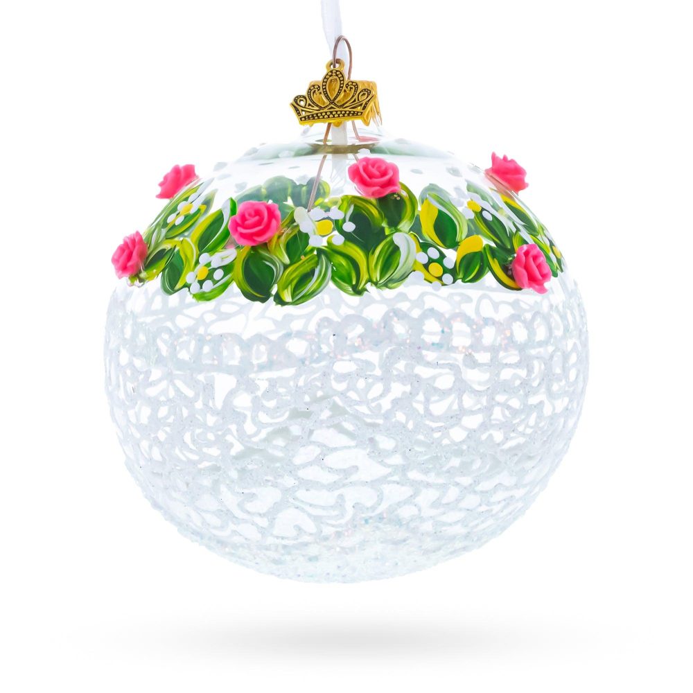 Dimensional Pink Roses Glass Ball Christmas Ornament 4 Inches  |   Flowers Flowers Flowers