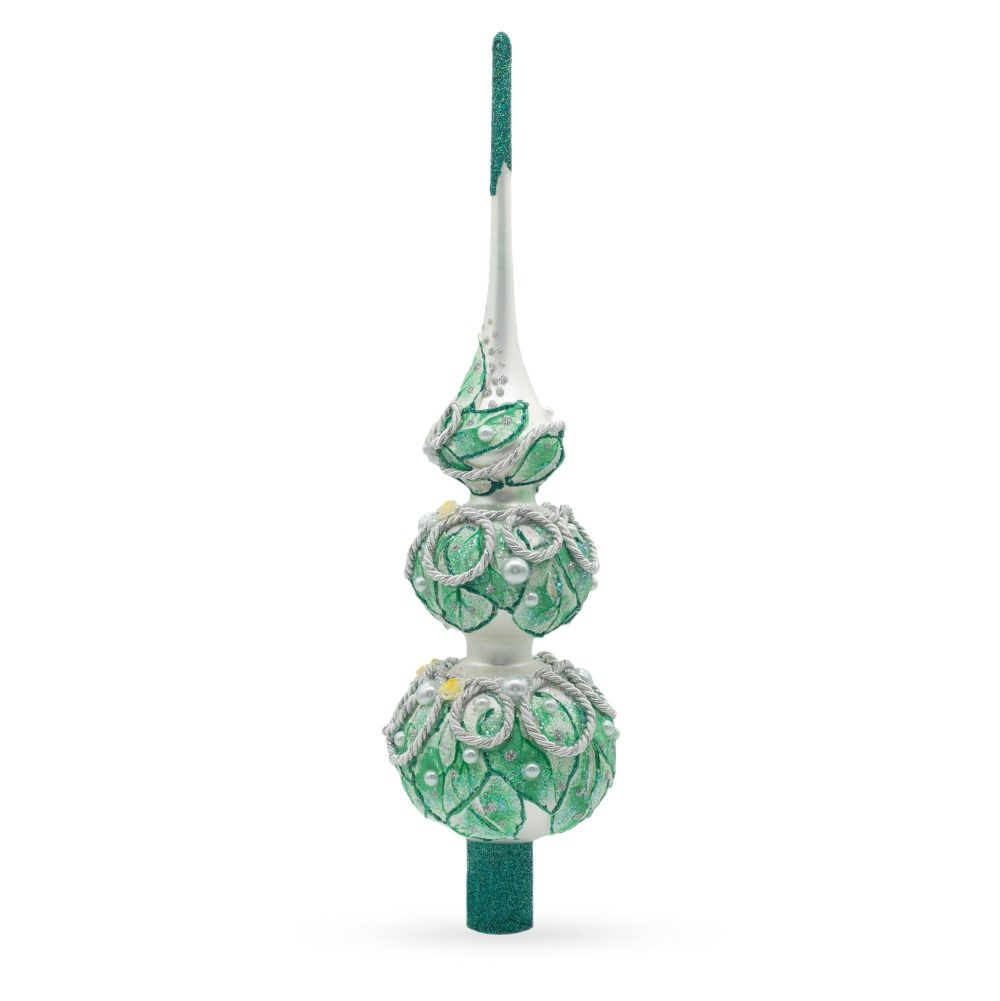 Dimensional Rope And Leaves On White Mouth Blown Glass Christmas Tree Topper 12.5 Inches  |   Tree Toppers Ornaments Tree Toppers