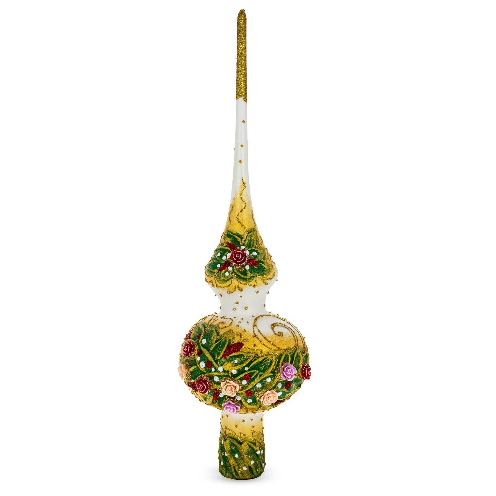 Dimensional Roses Bouquet On White Mouth Blown Glass Christmas Tree Topper 11 Inches  |   Tree Toppers Ornaments Tree Toppers