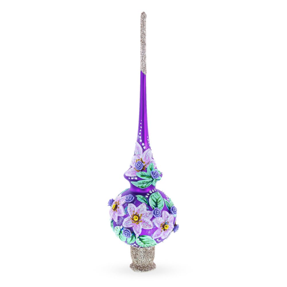 Dimensional Roses On Purple Mouth Blown Glass Christmas Tree Topper 11 Inches  |   Tree Toppers Ornaments Tree Toppers