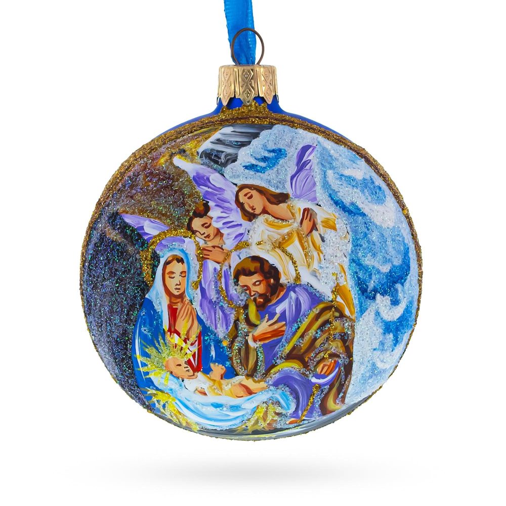 Divine Angels Admiring Jesus Nativity Scene Blown Glass Ball Christmas Ornament 3.25 Inches  |   Religious Ornaments Ornaments Religious Ornaments