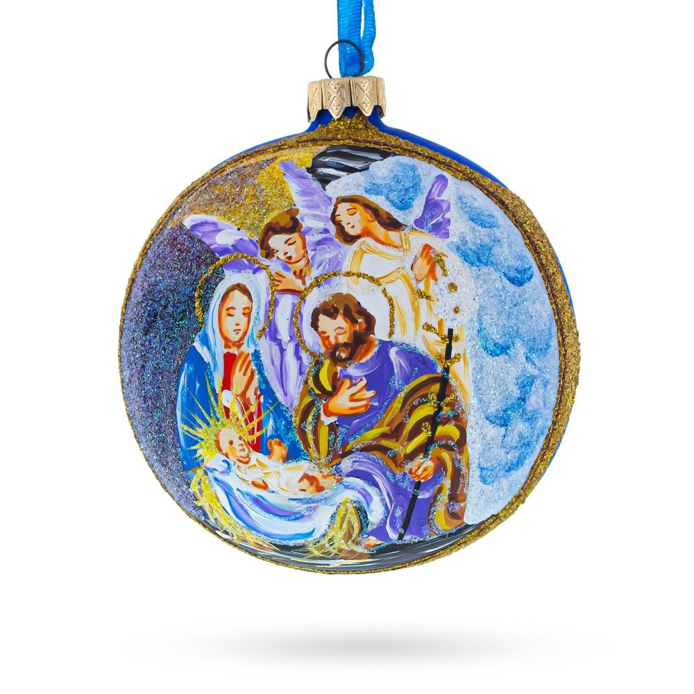 Divine Angels Admiring Jesus Nativity Scene Blown Glass Ball Christmas Ornament 4 Inches  |   Religious Ornaments Ornaments Religious Ornaments