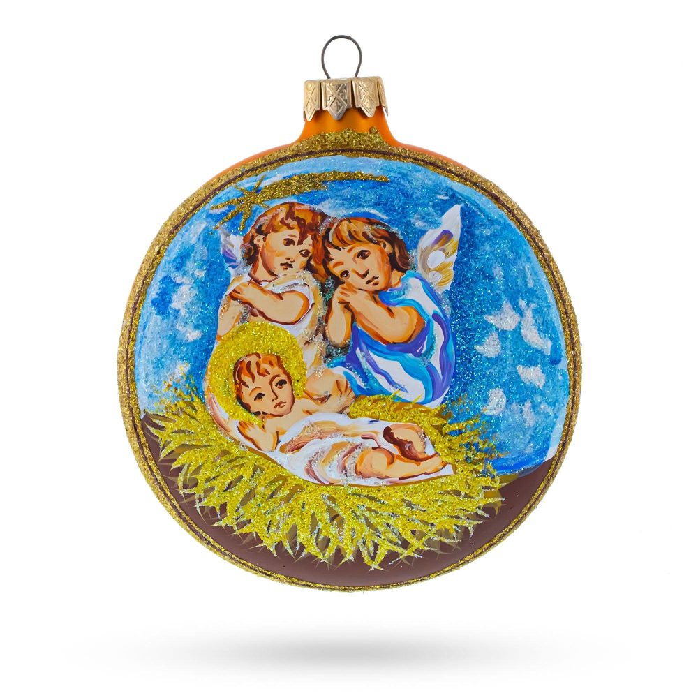 Divine Angels Overlooking Baby Jesus Blown Glass Ball Christmas Ornament 4 Inches  |   Personalized Ornaments Personalized