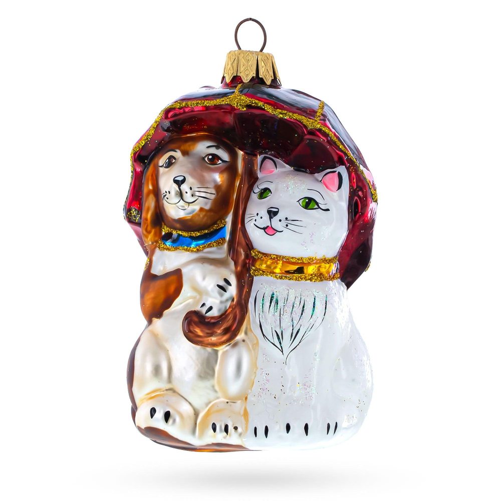 Dog And Cat Under Umbrella Mini Glass Christmas Ornament  |   Animals Animals Animals