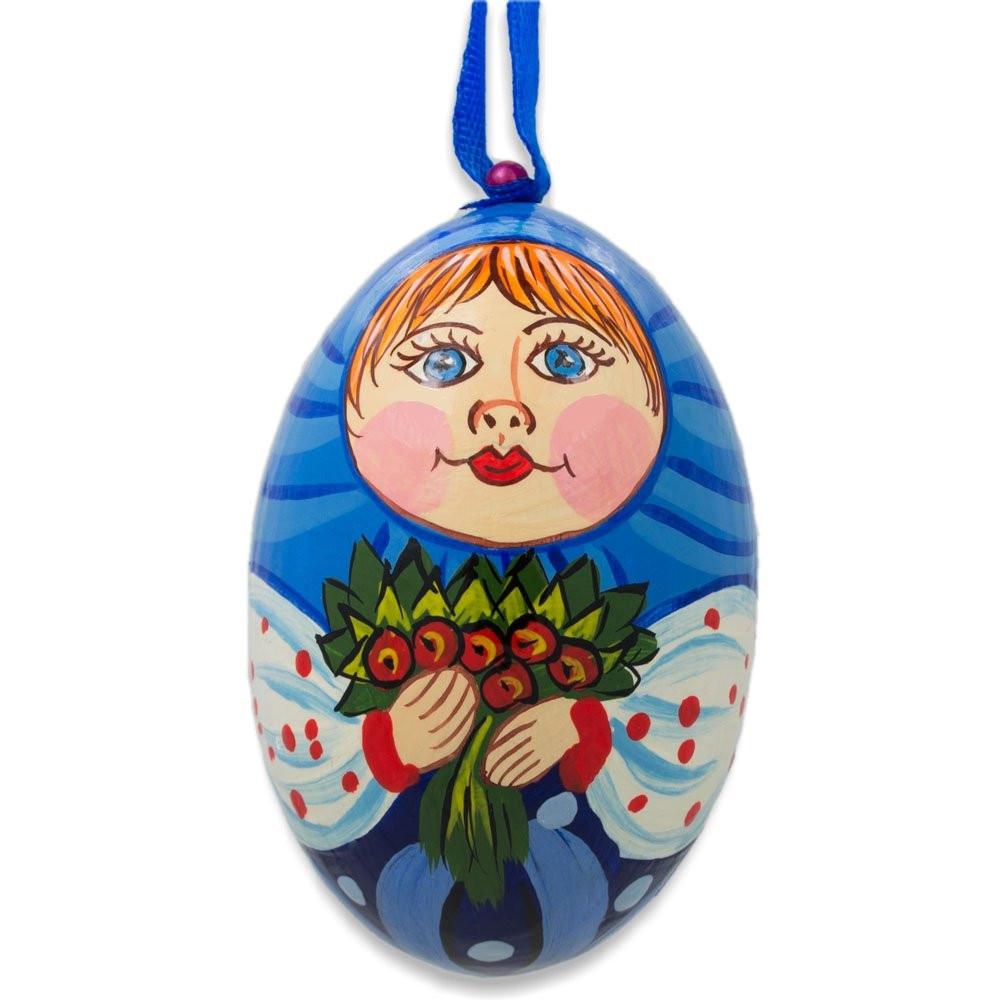 Doll With Flower Bouquet Wooden Egg Ornament 3 Inches  |   Flowers Flowers Flowers