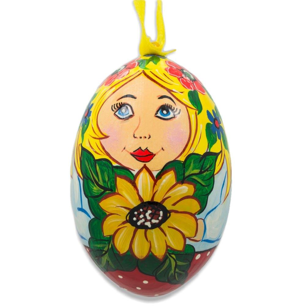 Doll With Sunflower Wooden Egg Ornament 3 Inches  |   Flowers Flowers Flowers