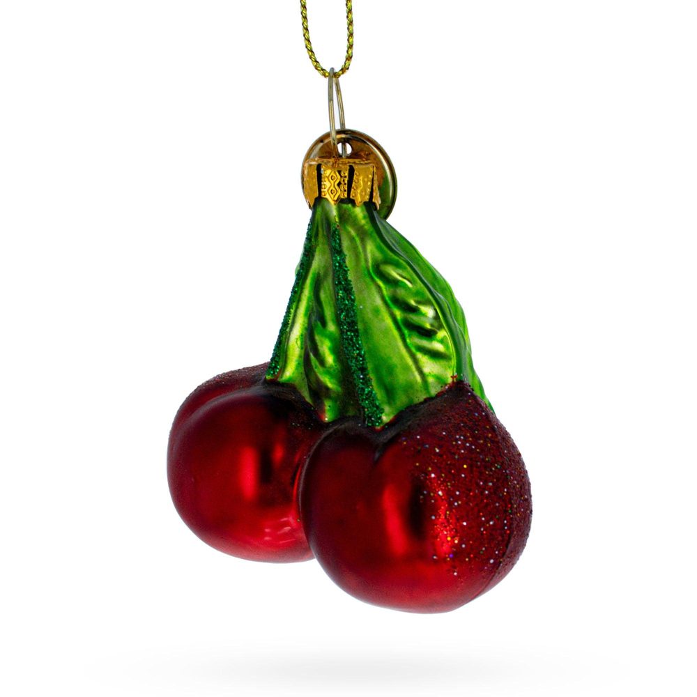 Double Cherries Blown Glass Christmas Ornament  |   Food Food Food