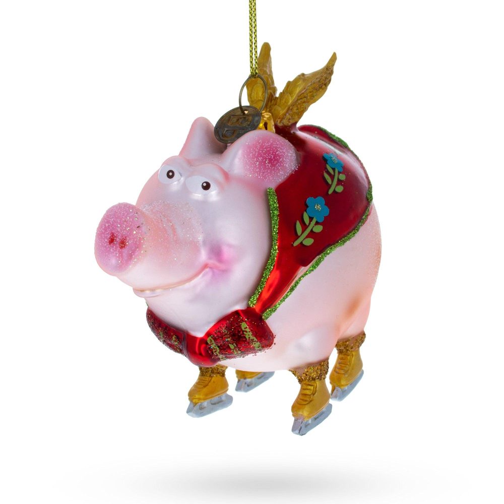 Dynamic Flying Pig Superhero Blown Glass Christmas Ornament  |   Animals Animals Animals