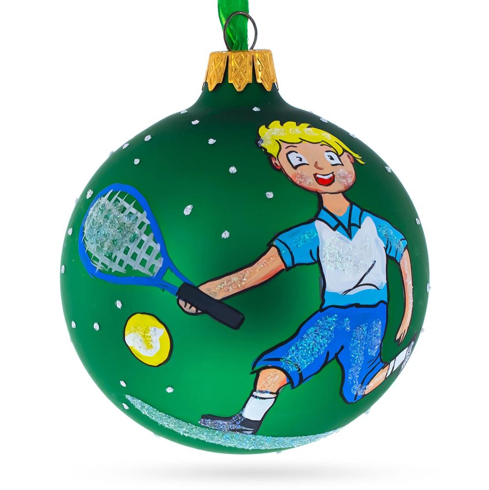 Dynamic Tennis Player Blown Glass Ball Christmas Ornament 3.25 Inches  |   Personalized Ornaments Personalized