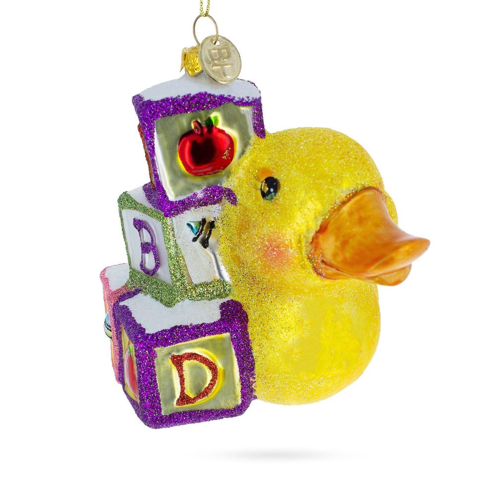 Educational Yellow Duck With Abc Blocks Blown Glass Christmas Ornament  |   Baby Baby Baby