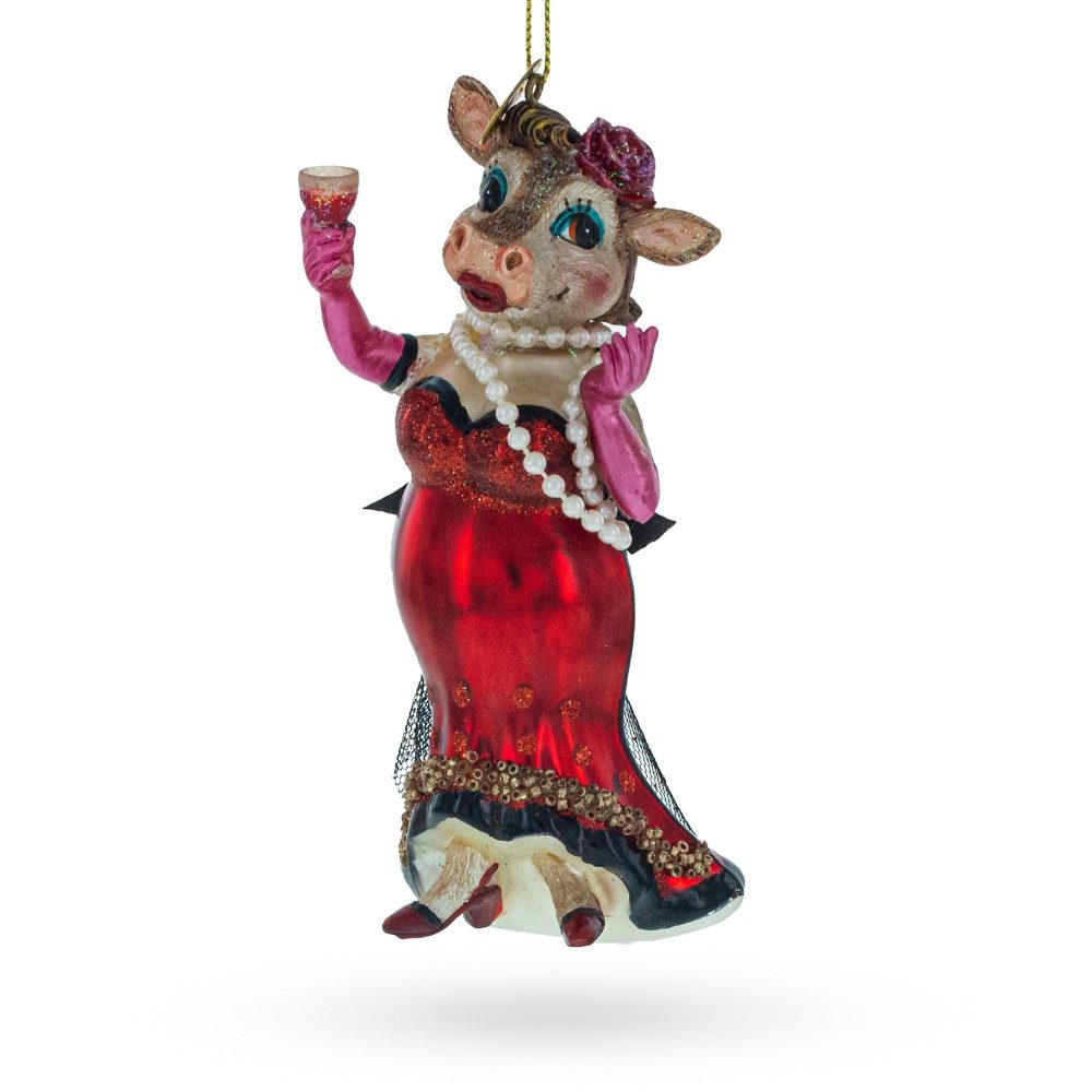 Elegant Cow Sipping Red Wine Blown Glass Christmas Ornament  |   Animals Animals Animals