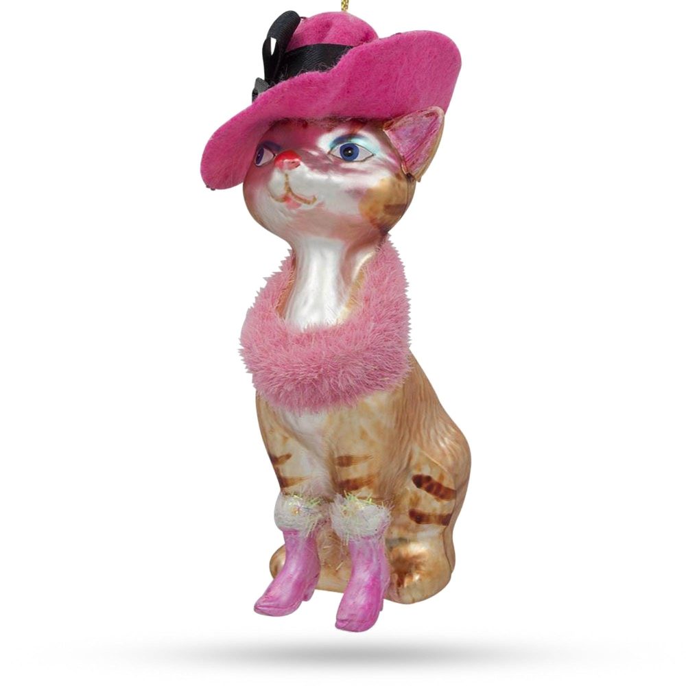 Elegant Lady Cat With Pink Hat Masterful Blown Glass Christmas Ornament  |   Animals Animals Animals