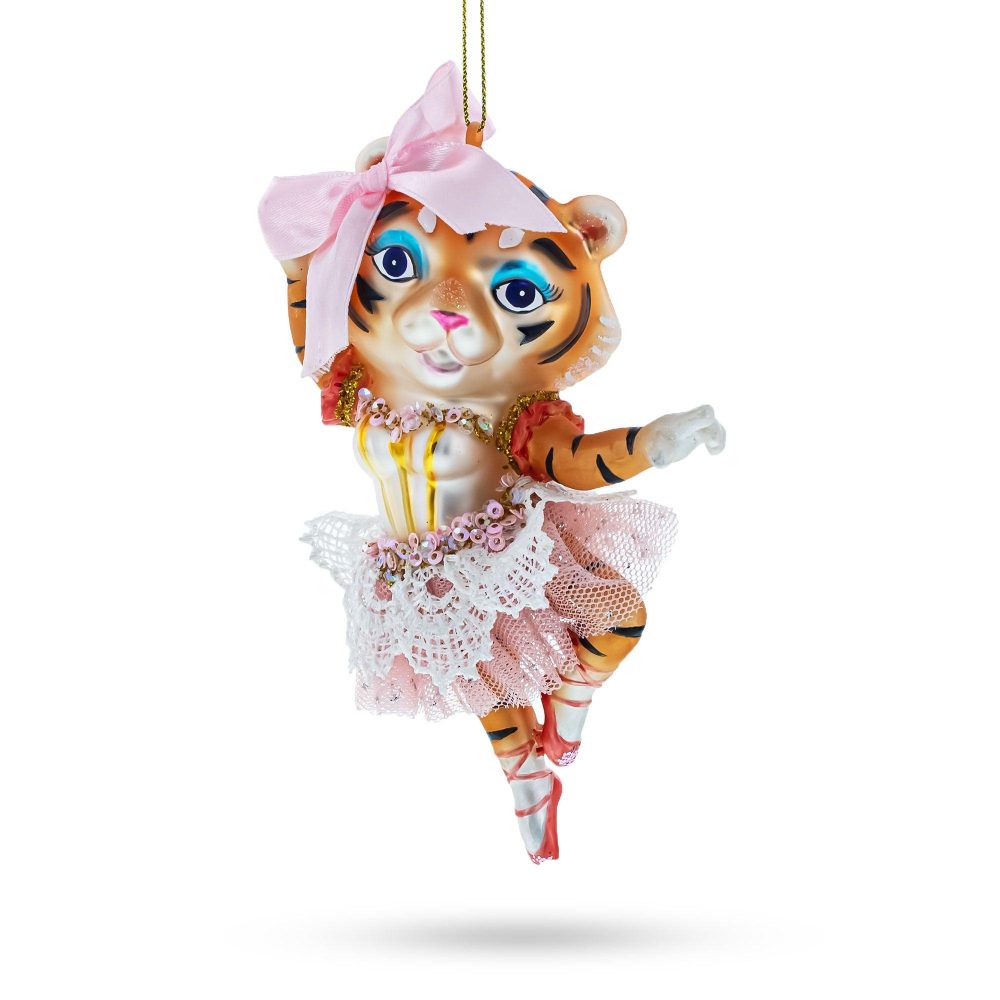 Elegant Lady Tiger In Pink Dress Glass Christmas Ornament  |   Animals Animals Animals