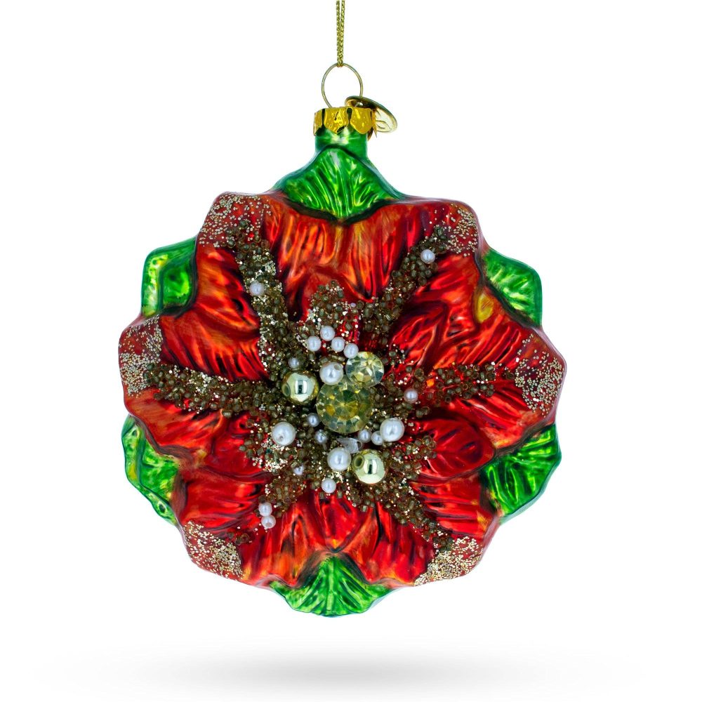 Elegant Poinsettia With Mother Of Pearls Blown Glass Christmas Ornament  |   Flowers Flowers Flowers