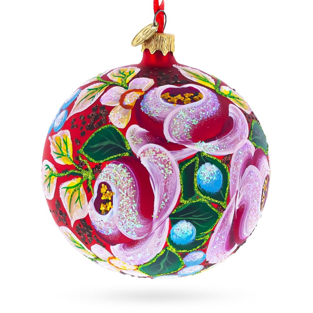 Elegant Roses Bouquet Blown Glass Ball Christmas Ornament 4 Inches  |   Flowers Flowers Flowers