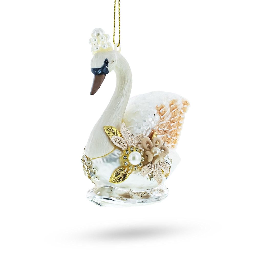 Elegant Royal Swan Adorned With Pearls Blown Glass Christmas Ornament  |   Animals Animals Animals