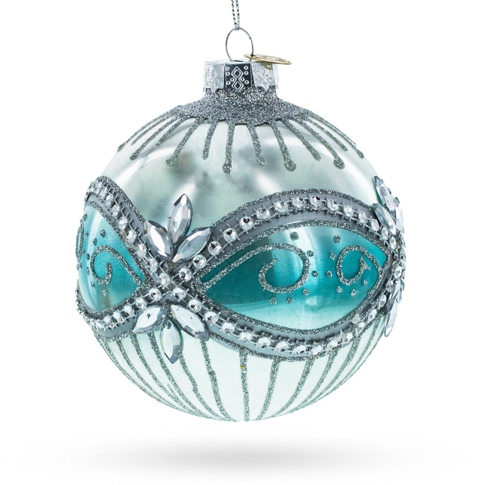 Elegant Silver And Blue Jeweled Blown Glass Ball Christmas Ornament  |   Couturier Couturier Couturier