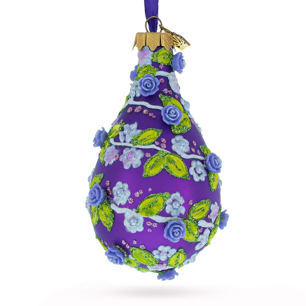 Embossed Roses On Purple Waterdrop Finial Glass Christmas Ornament  |   Finials Finials Finials